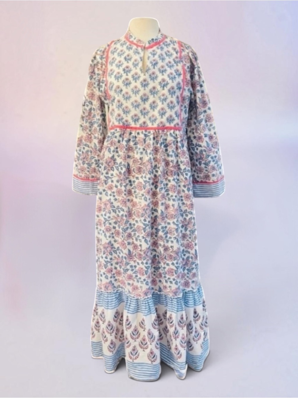 MADISON MATHEWS CHARLESTON DUTCH BLUE FLORAL LINED MAXI RUFFLE DRESS